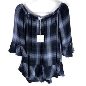 Beach Lunch Lounge Blue Plaid Flannel Ruffle Top Size XL